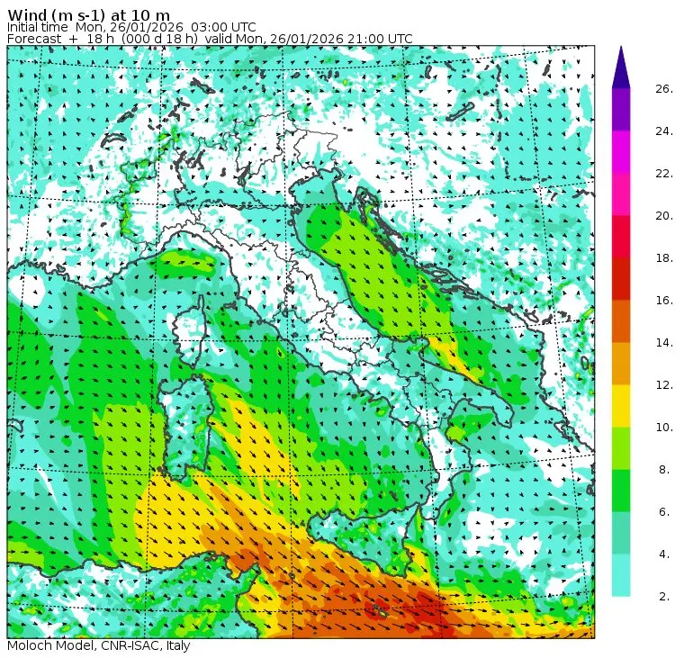 allerta meteo vento ore 21 di lunedì 26 gennaio