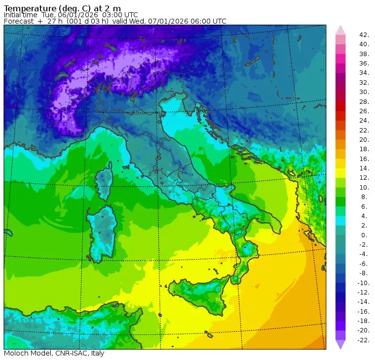 temperature minime mercoledì 7 gennaio italia