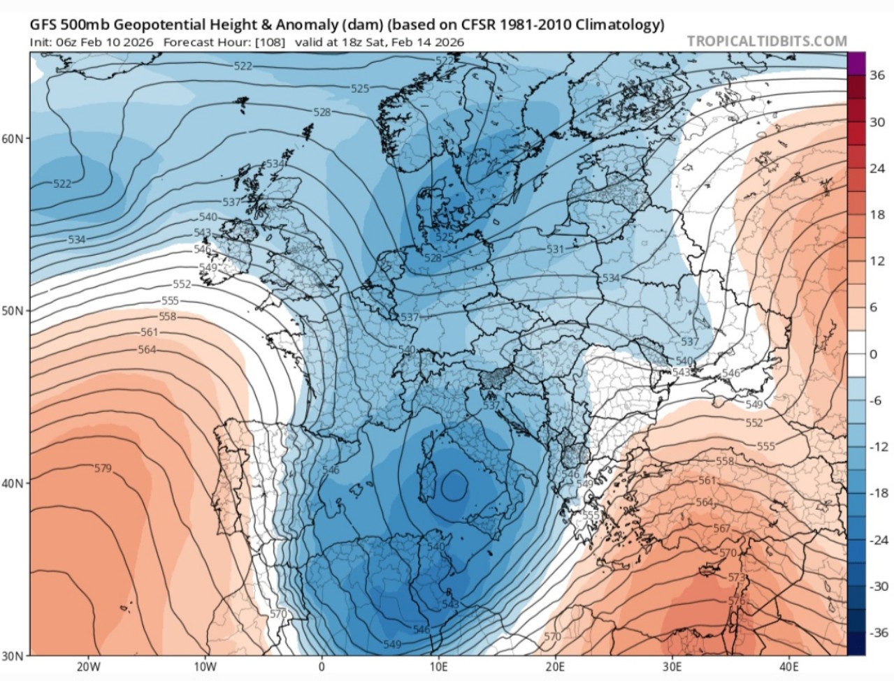 Anomalie geopotenziale 500 hPa 14 febbraio