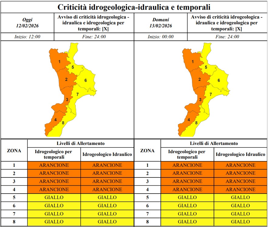 allerta meteo calabria 12-13 febbraio