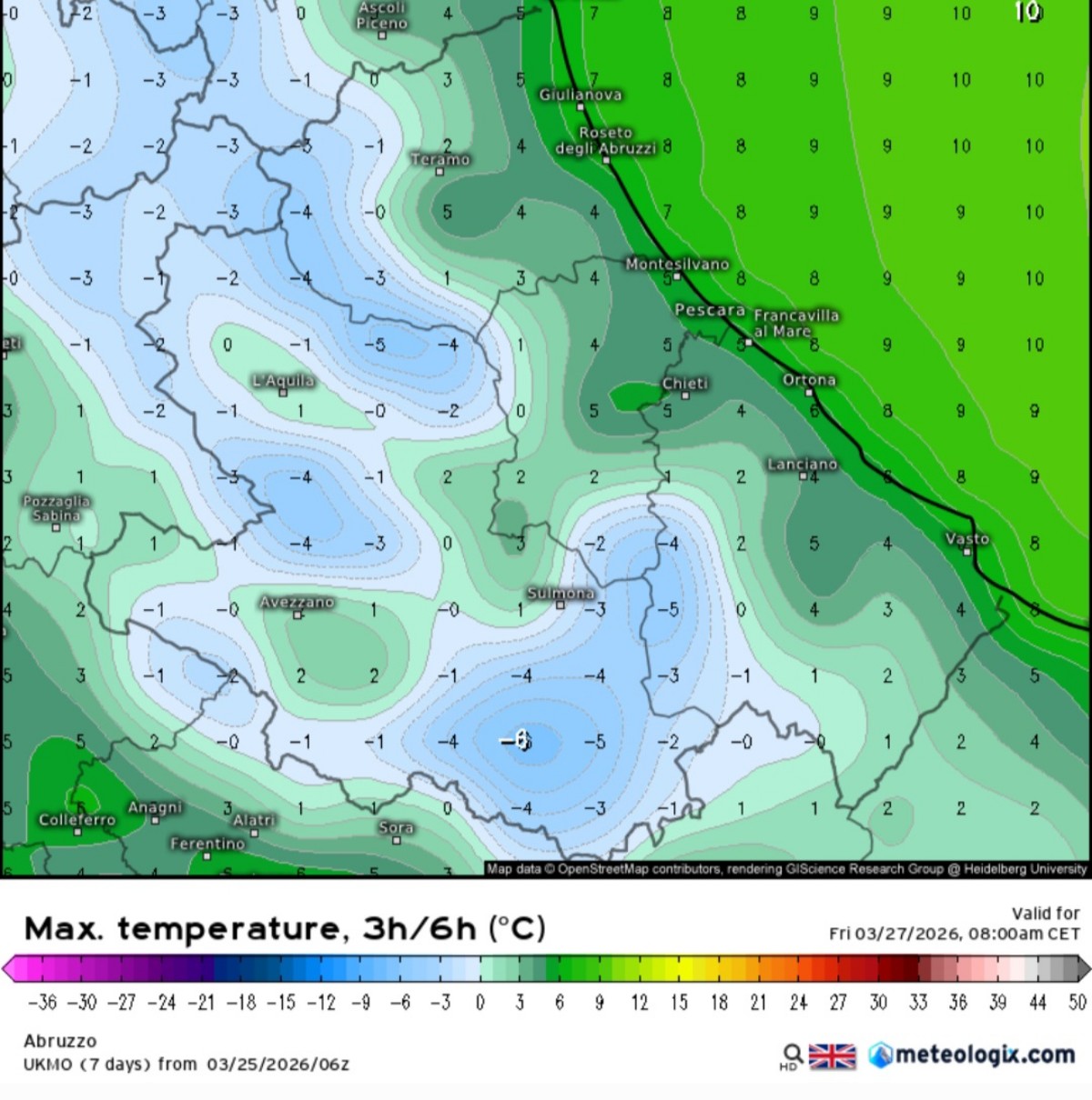 Temperature massime Abruzzo 27 marzo