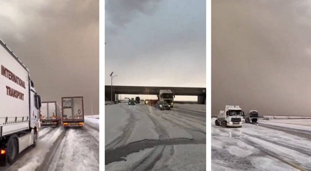 Title: Unexpected Hailstorm Creates Dangerous Driving Conditions with Large Hailstones