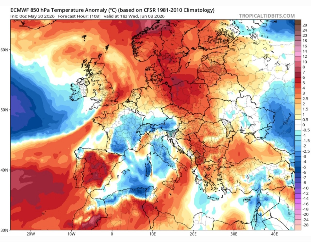 Anomalie termiche ad 850 hPa 3 giugno 