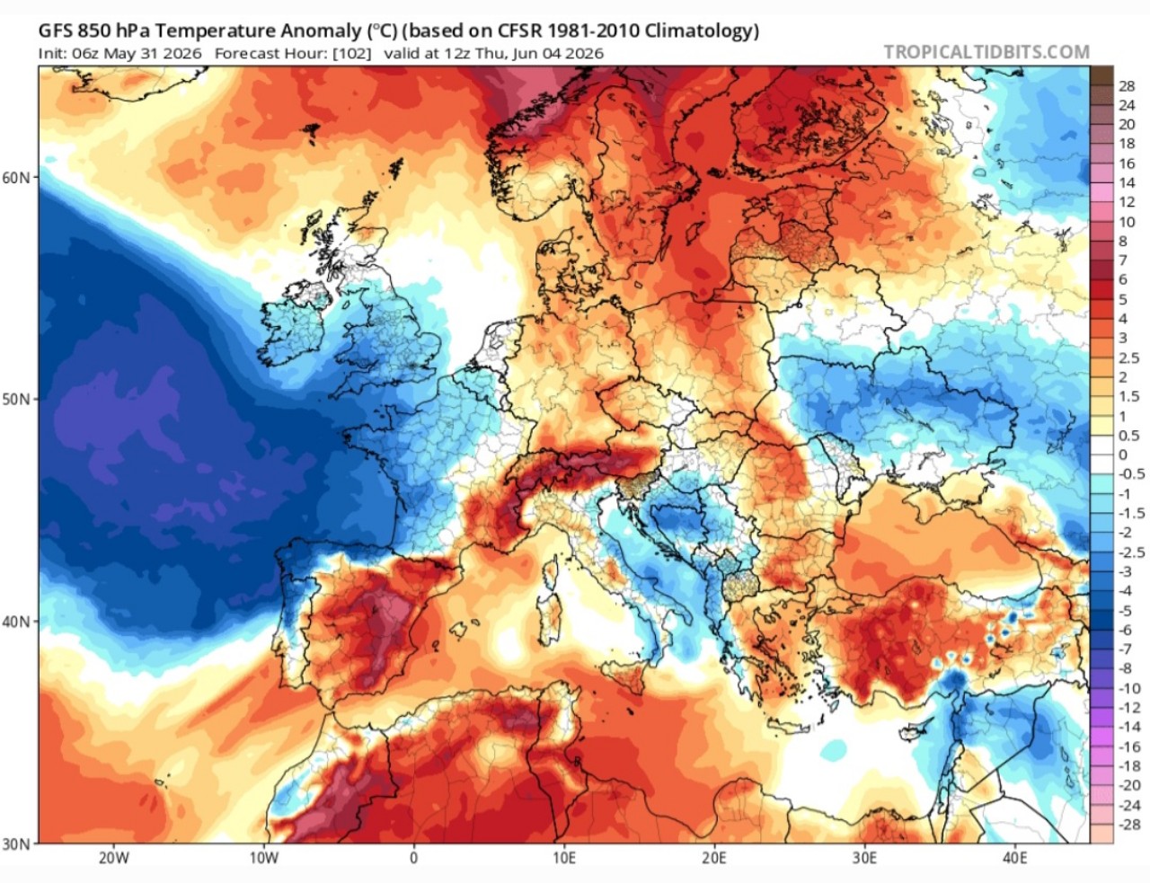Anomalie termiche ad 850 hPa 4 giugno
