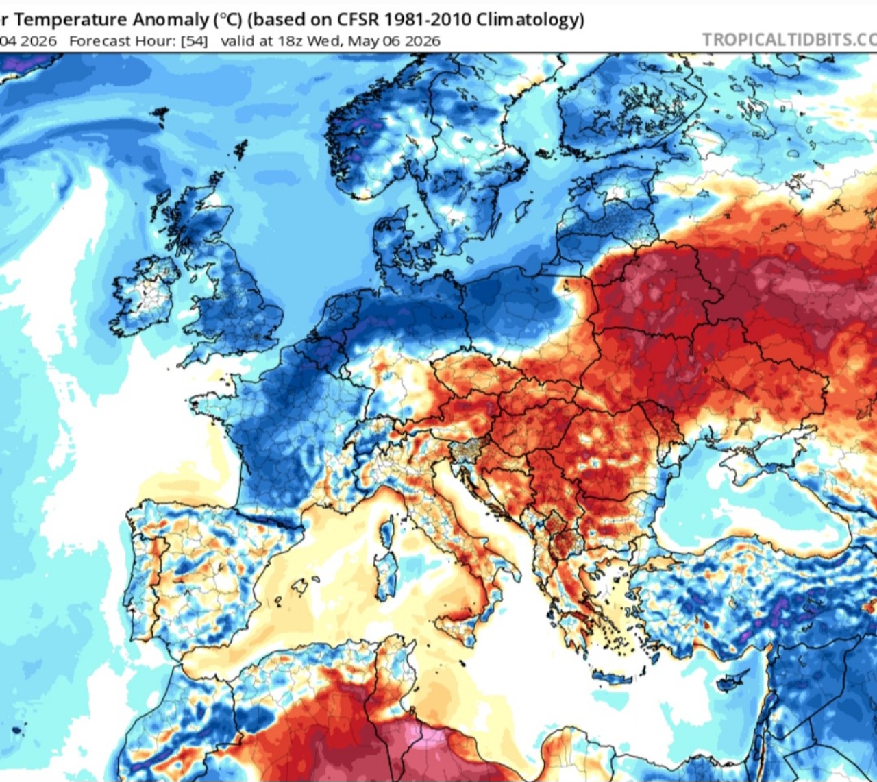 Anomalie termiche Europa 6 maggio