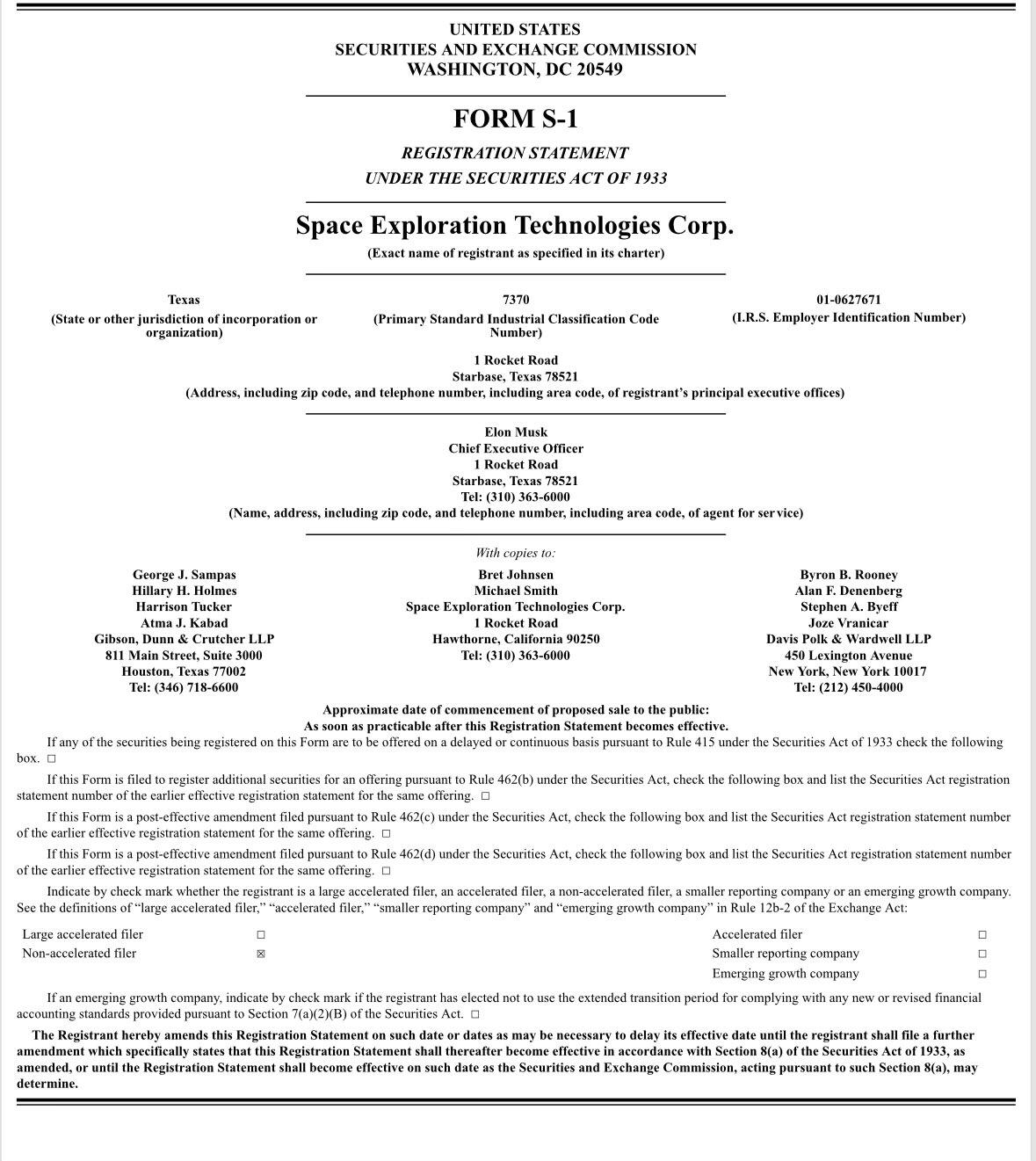 Form S-1 SpaceX Tesla