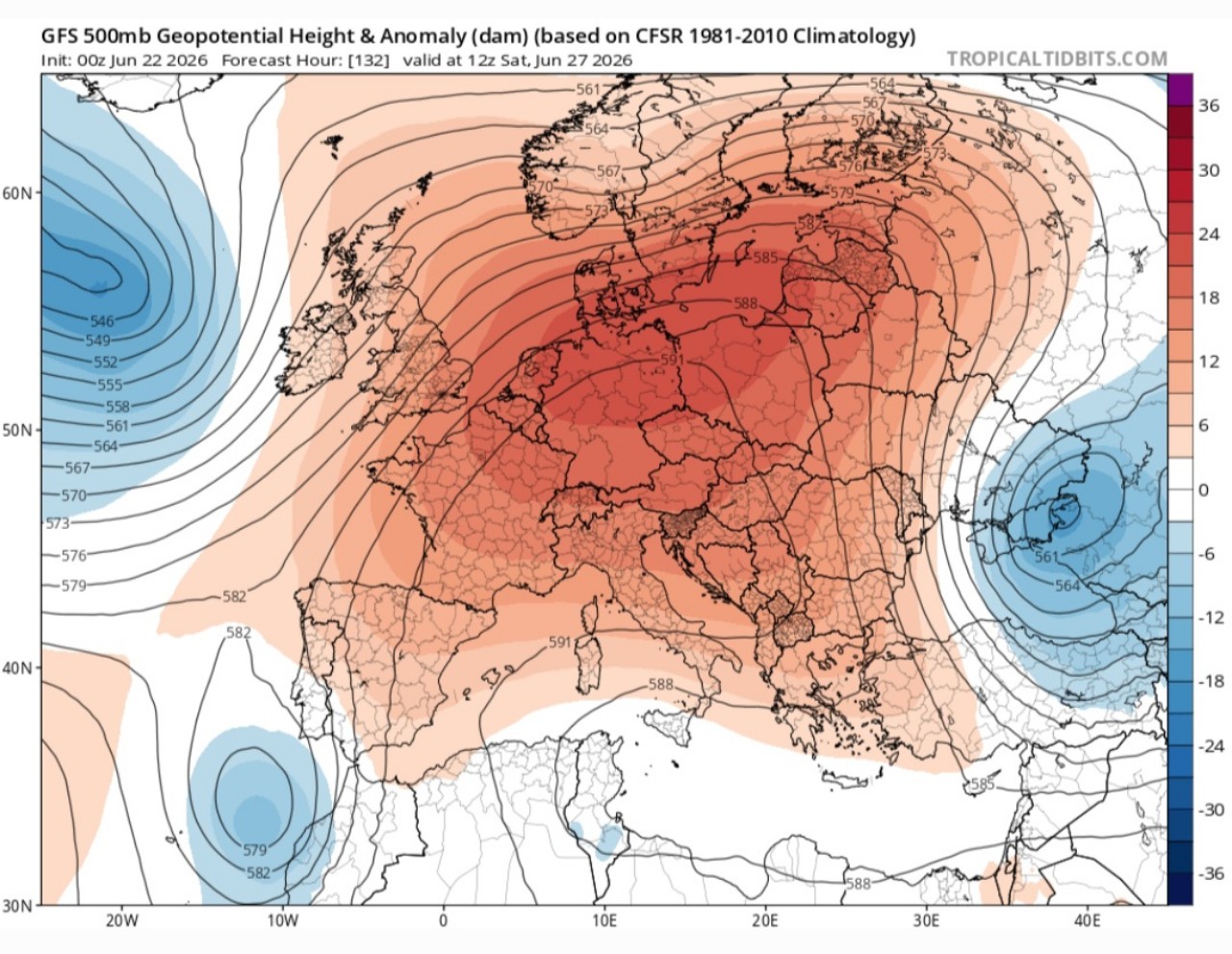 Anomalie di geopotenziale a 500 hPa in Europa