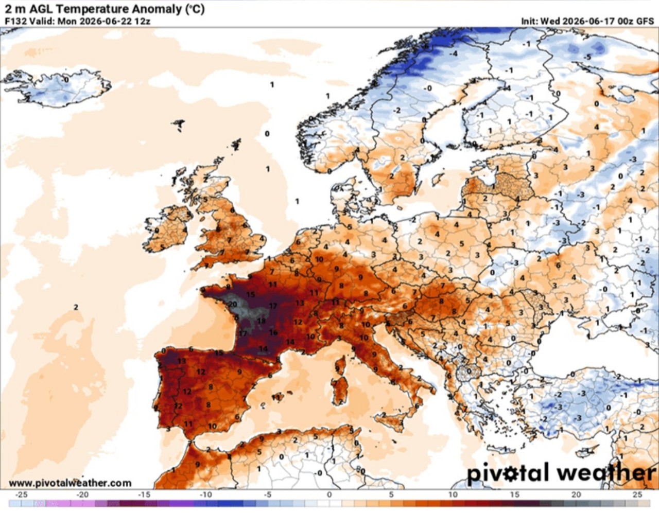Anomalie termiche a 2 metri 22 giugno
