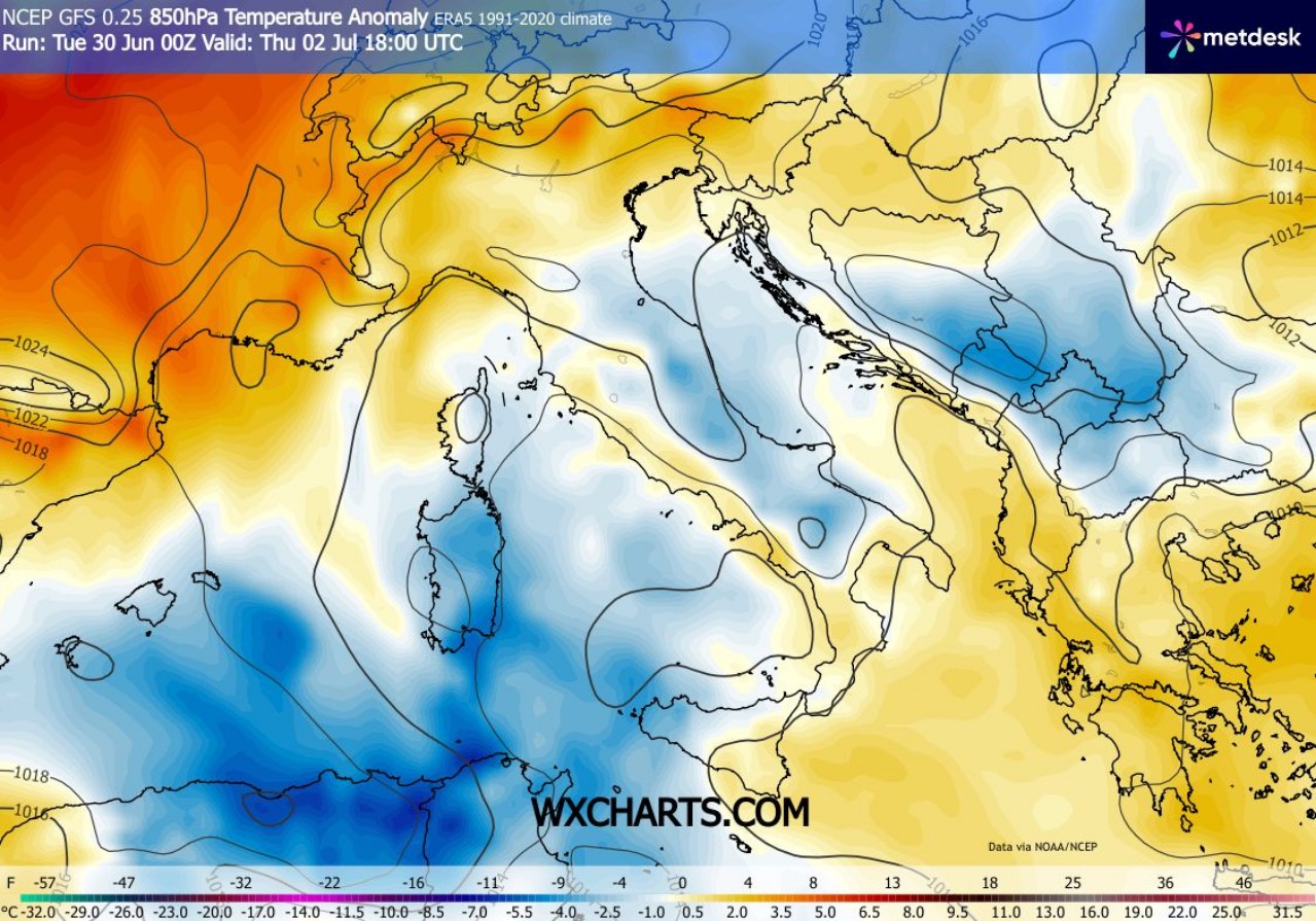 Anomalie termiche 850 hPa 2 luglio Italia 