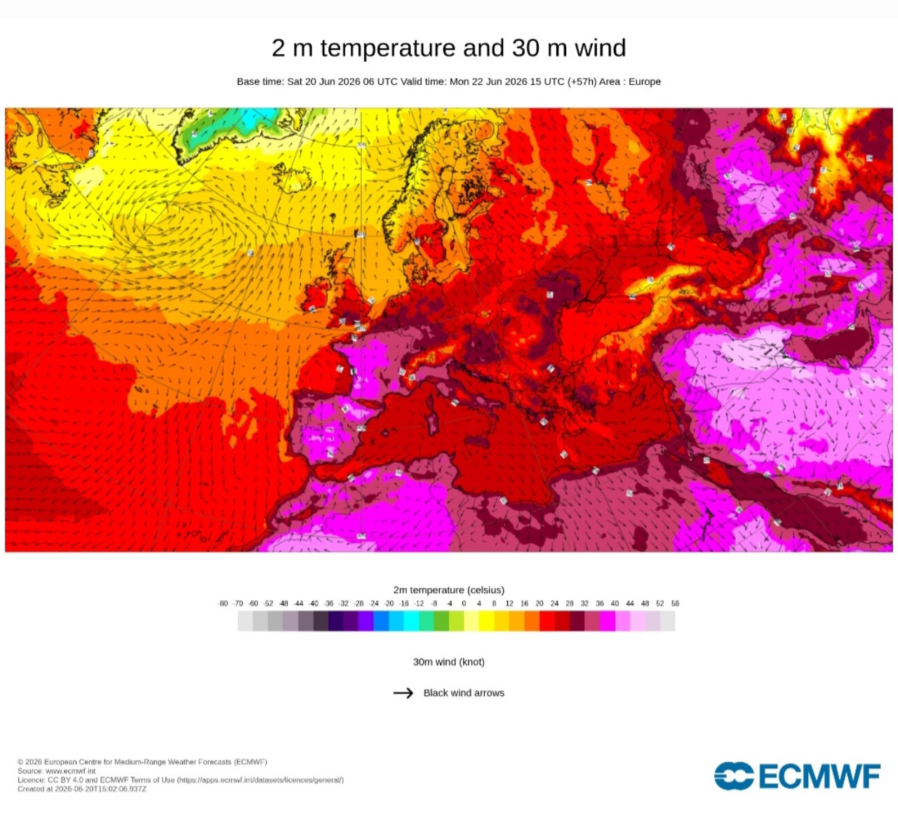 Temperature massime 22 giugno Europa