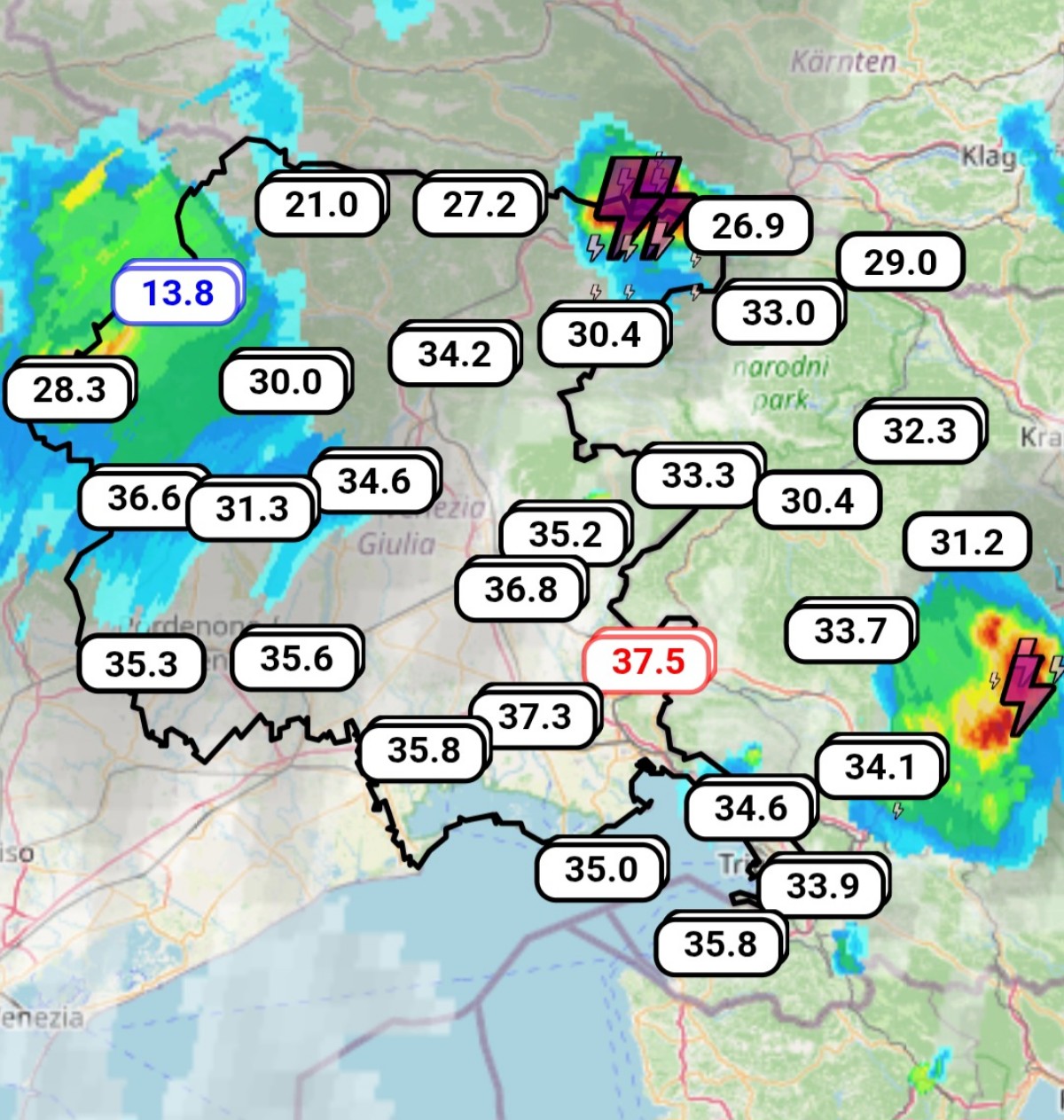 Temperature massime Friuli Venezia Giulia 29 giugno 