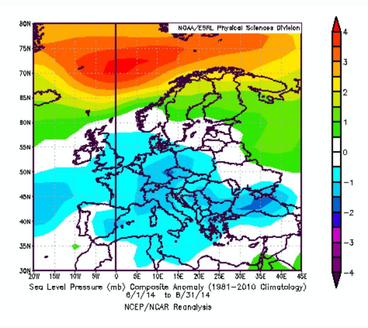 Anomalie geopotenziale 500 hPa 2014