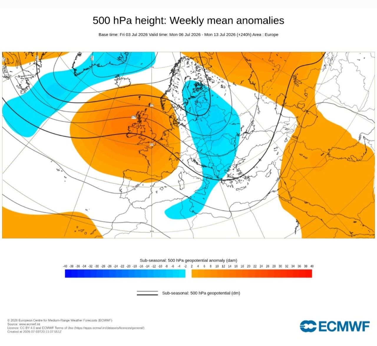 Anomalie geopotenziale 500 hPa 6-13 luglio Europa