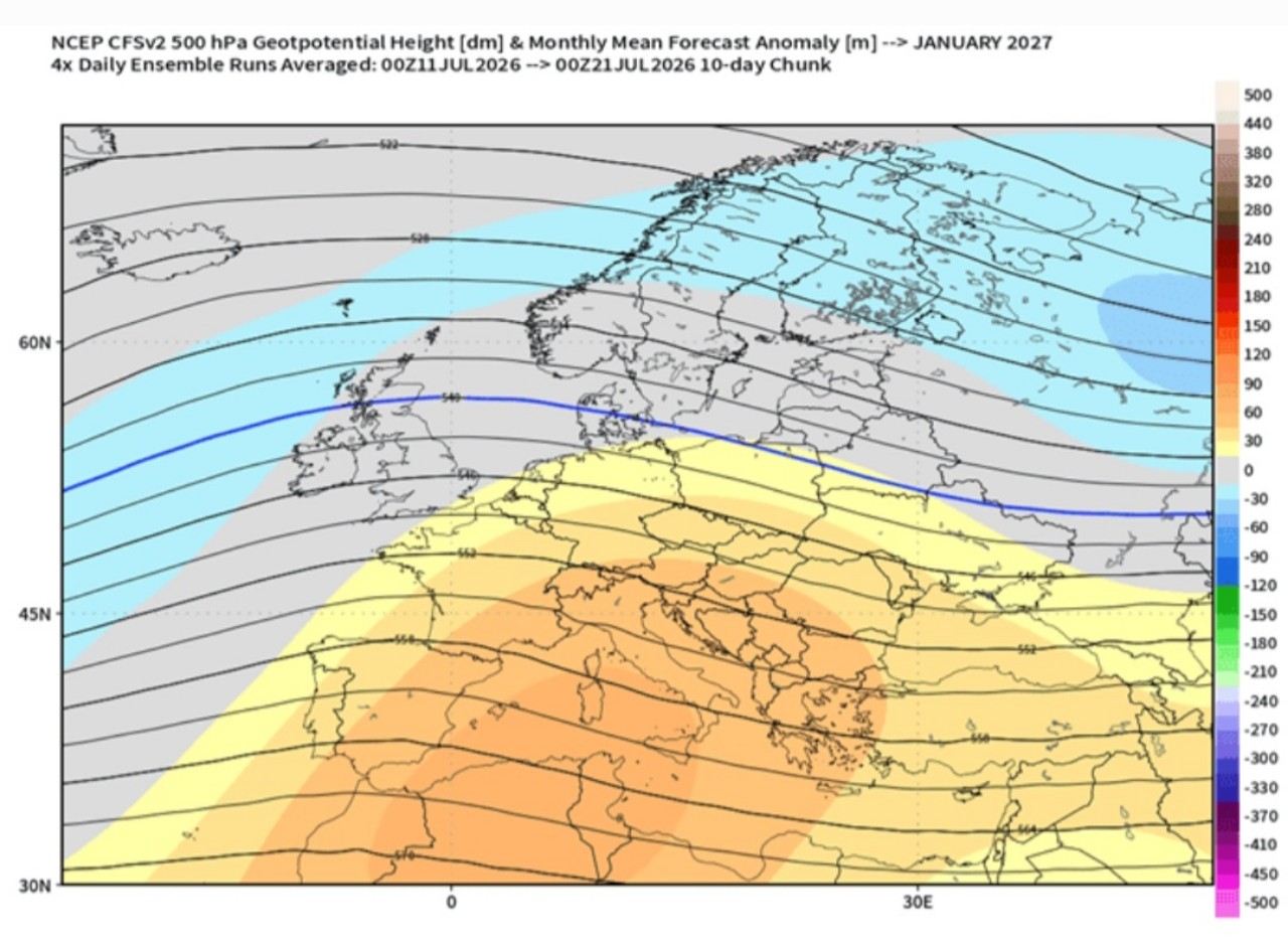 Anomalie geopotenziale 500 hPa dicembre 2026 e gennaio 2027