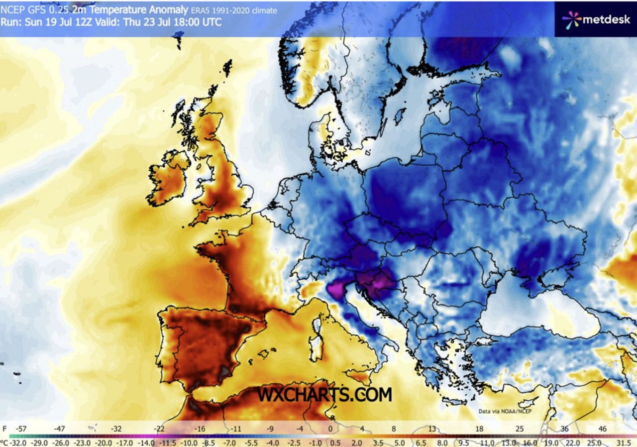 Anomalie termiche a 2 metri 23 luglio