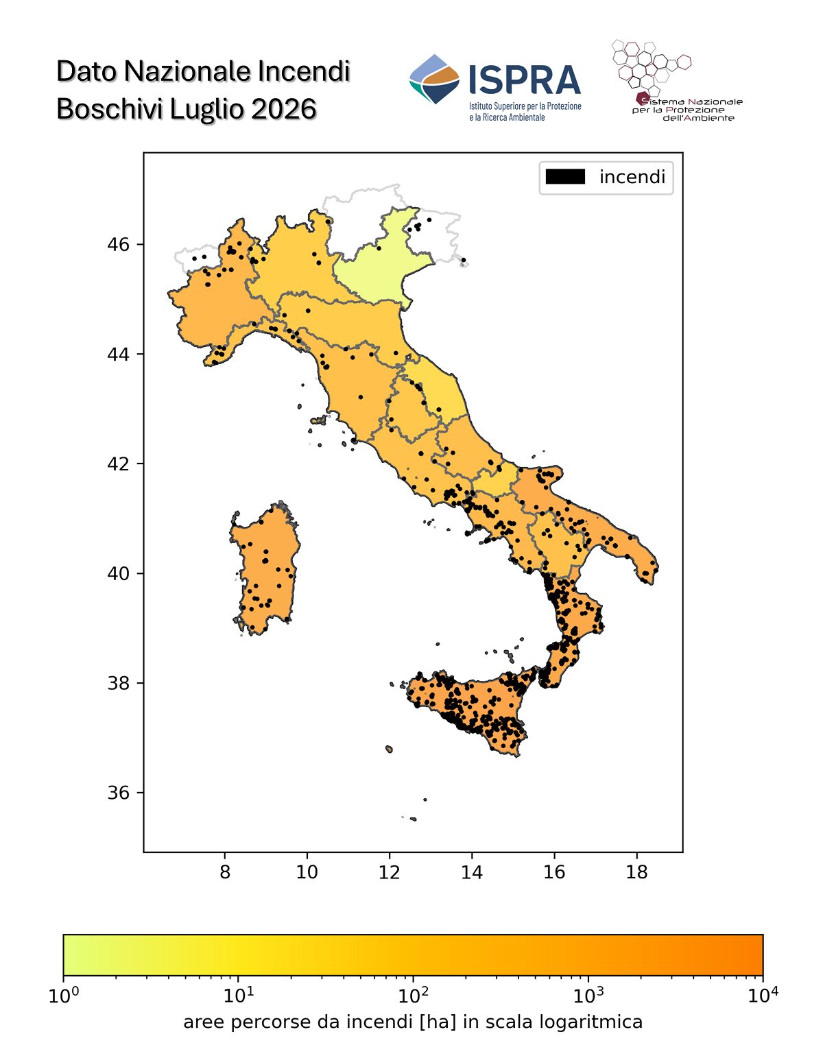 Distribuzione nazionale delle superfici percorse da incendio nel periodo compreso tra il 1° gennaio e il 28 luglio 2026. La gradazione cromatica dal giallo all’arancione rappresenta, per ciascuna regione, il valore cumulato delle superfici interessate da incendio. I punti neri indicano la localizzazione degli incendi rilevati. Elaborazione ISPRA – Centro Operativo Sorveglianza Ambientale