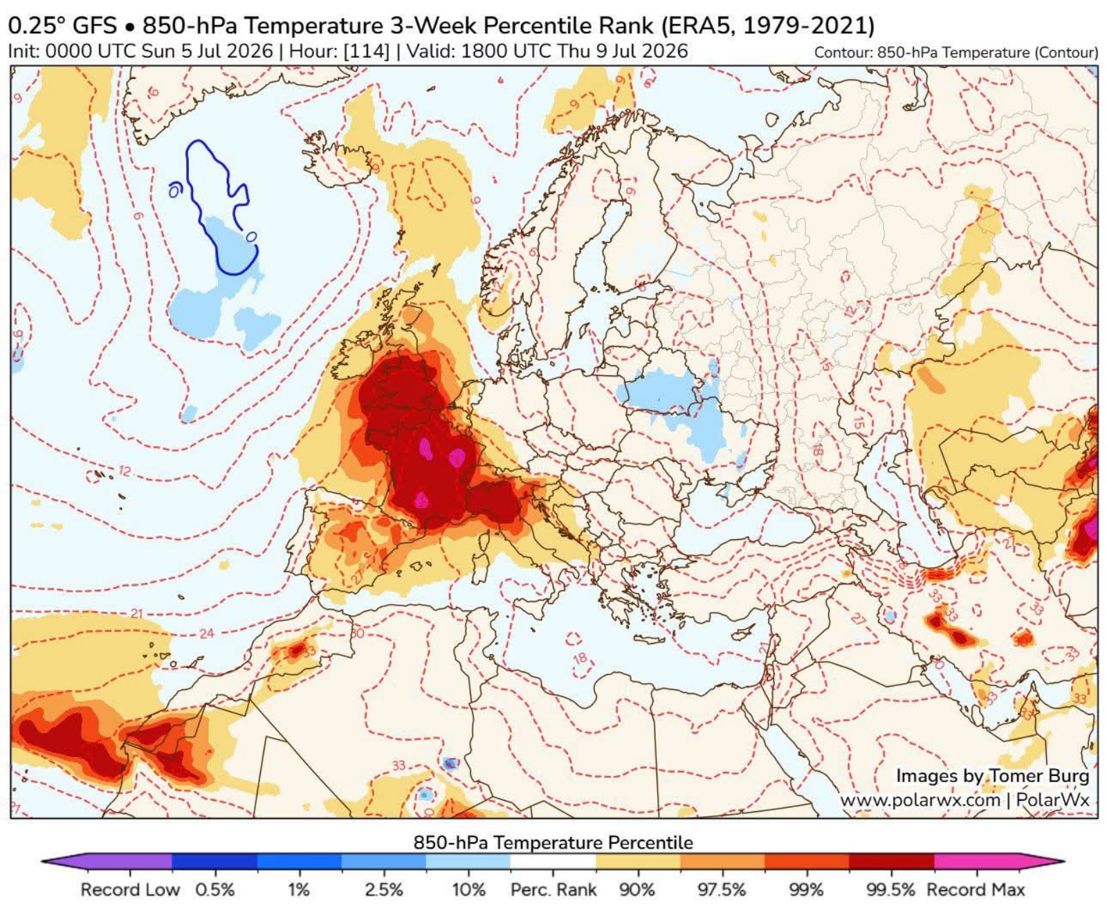 Temperature 850 hPa Europa 9 luglio