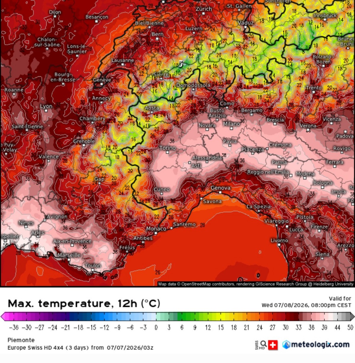 Temperature massime Piemonte 8 luglio