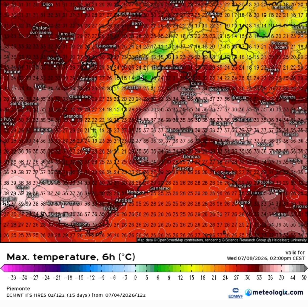 Temperature massime Piemonte 8 luglio