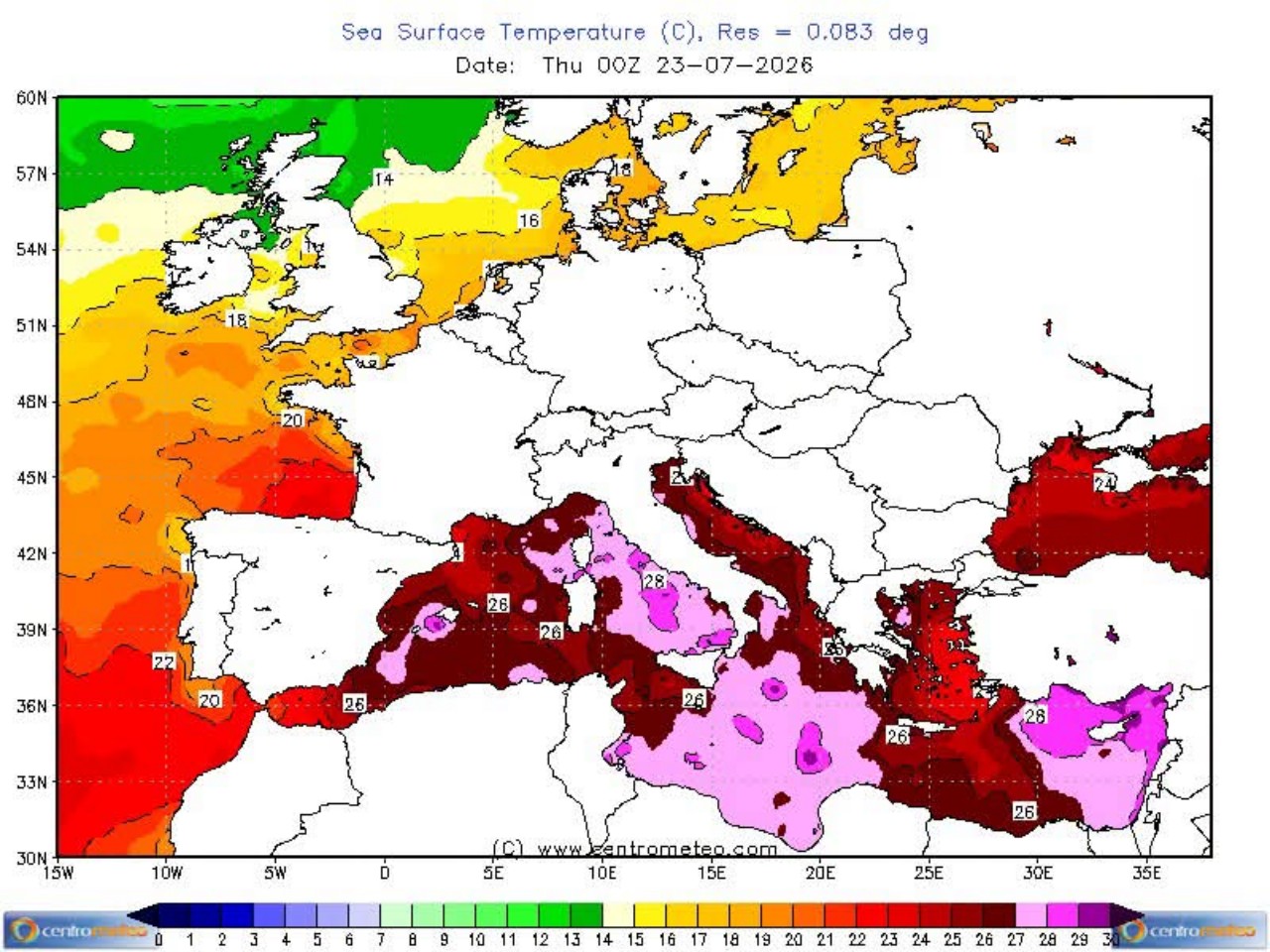 Temperature superficiali Mediterraneo 23 luglio