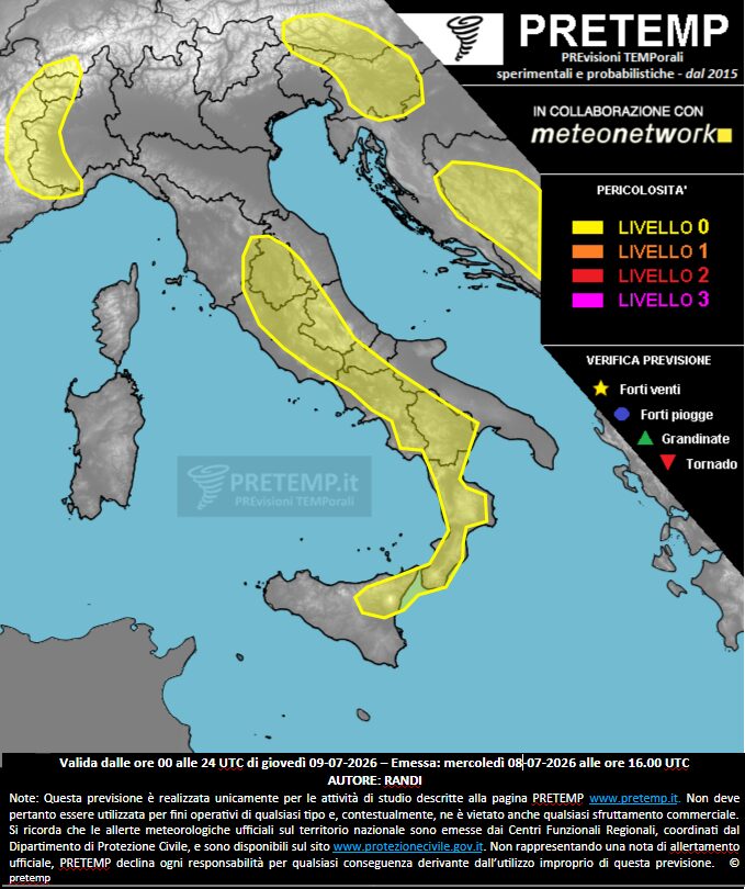 allerta meteo oggi giovedì 9 luglio 2026