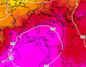 Le temperature ad 850hPa (circa 1.500 metri di altitudine) nel pomeriggio di oggi, sabato 18 luglio 2026