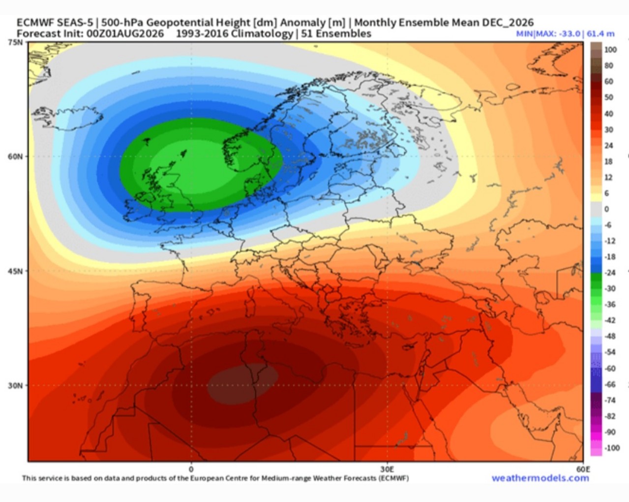 Anomalie geopotenziali 500 hPa dicembre 2026 Europa