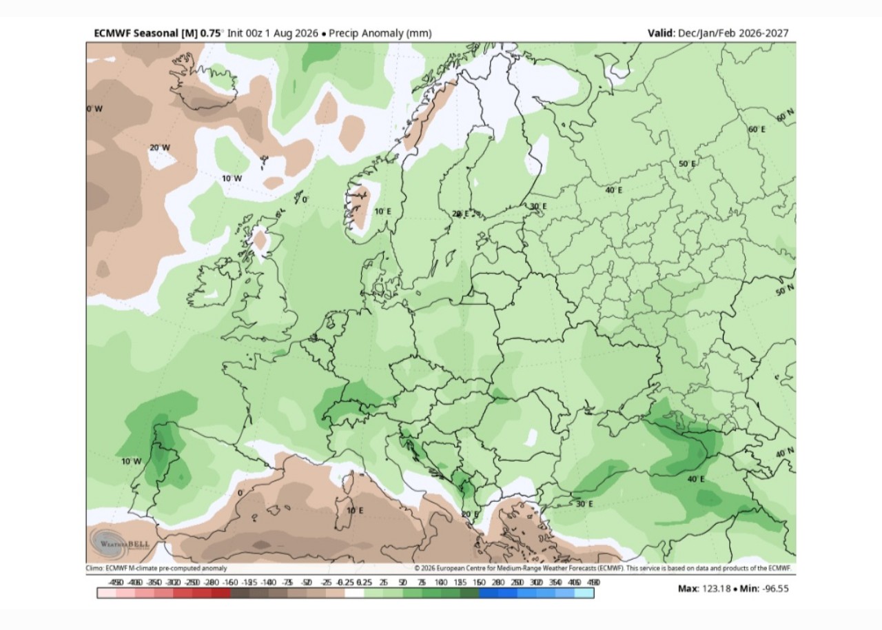 Anomalie di precipitazioni Europa dicembre, gennaio e febbraio