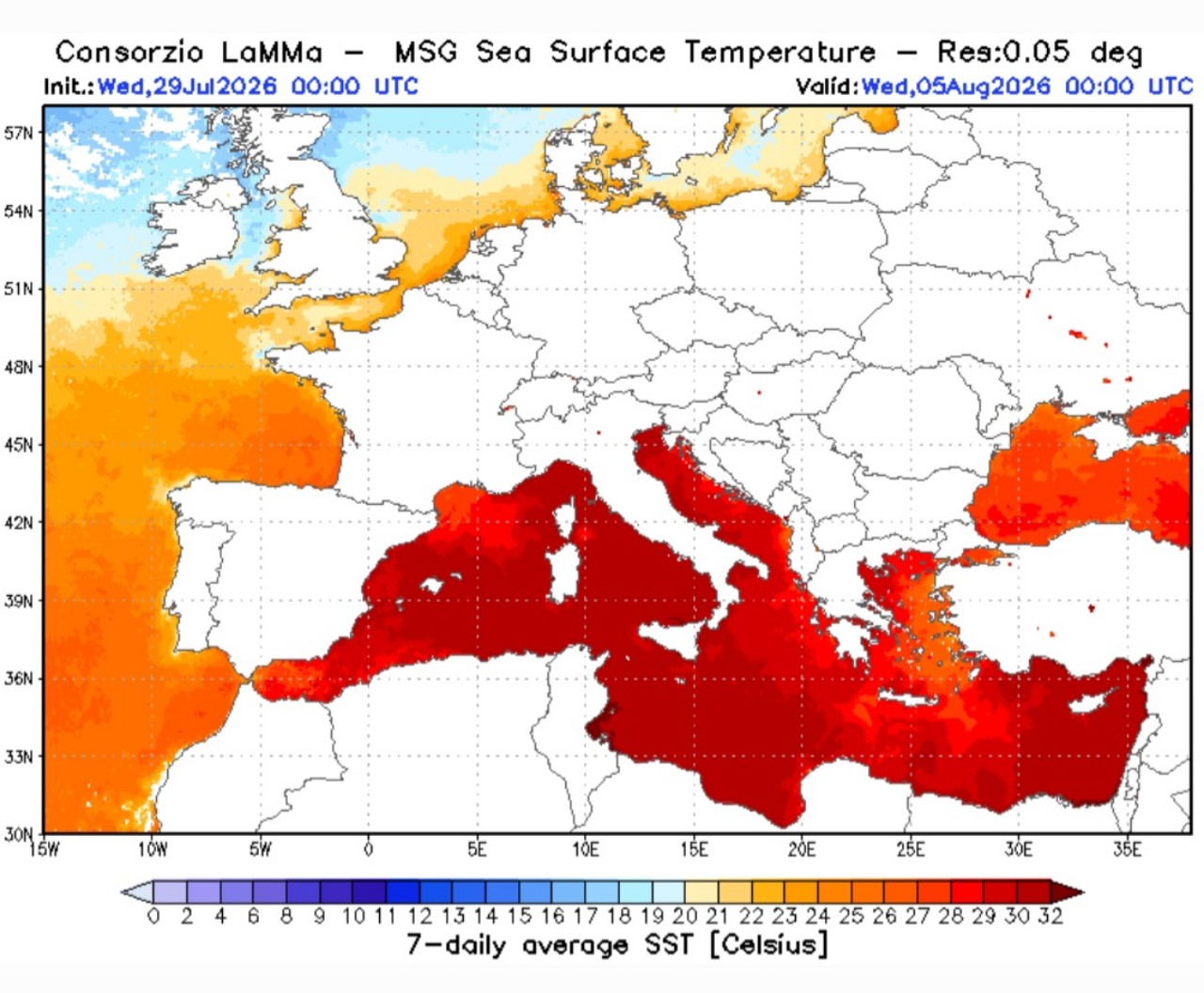 Temperature superficiali Mediterraneo 5 agosto