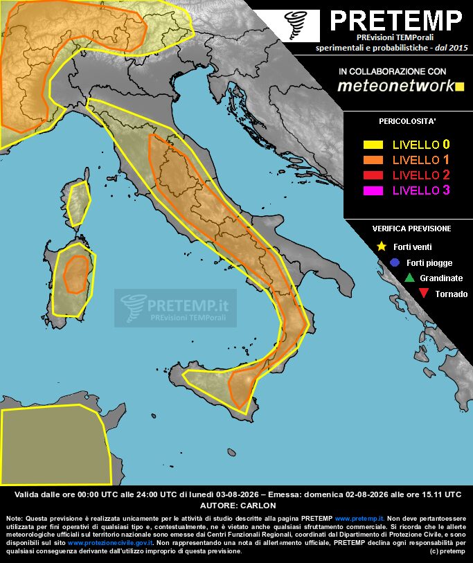 allerta meteo oggi 3 agosto 2026