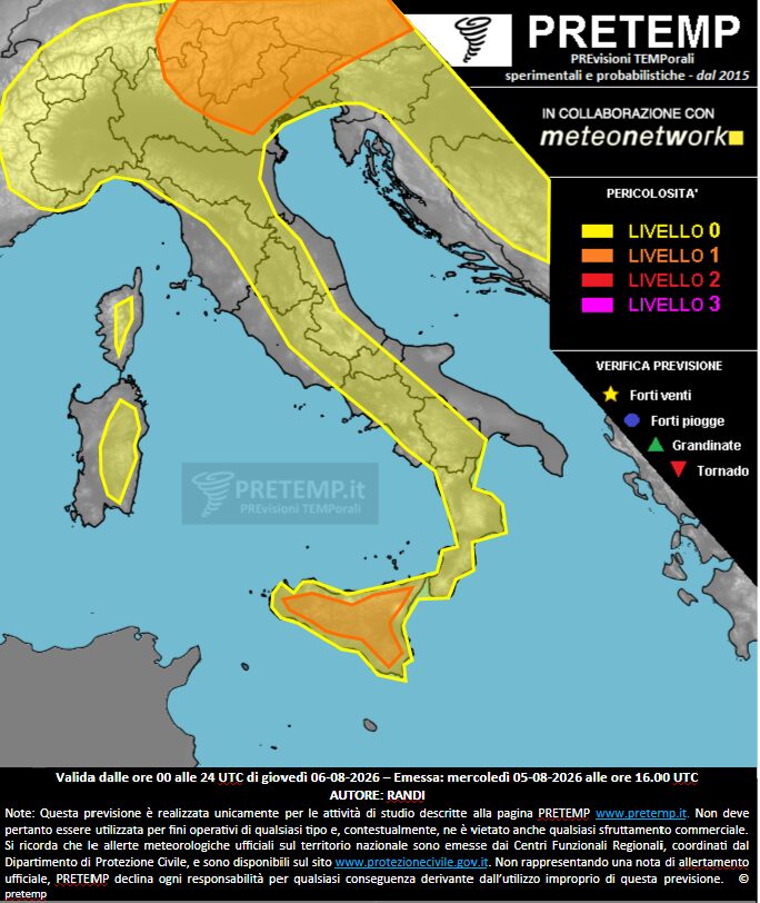 allerta meteo pretemp giovedì 6 agosto 2026