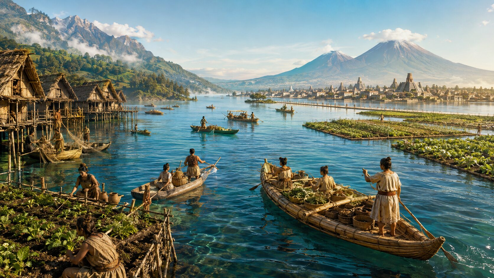 laghi, palafitte neolitiche, antiche imbarcazioni commerciali, coltivazioni lacustri e una ricostruzione ispirata a Tenochtitlán