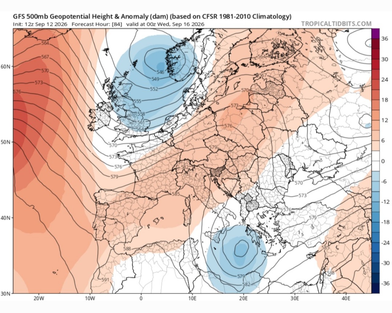 Anomalie e geopotenziali 500 hPa 16 settembre