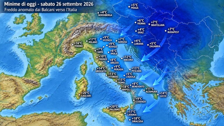 temperature minime oggi italia 26 settembre 2026