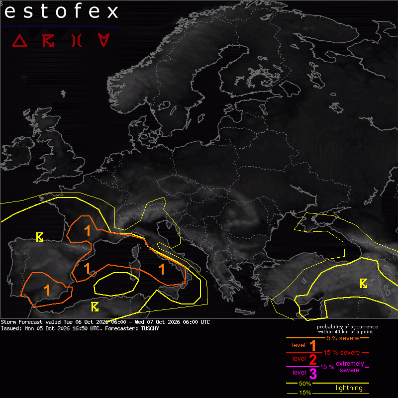 Allerta Meteo Estofex per Martedì 6 Ottobre 2026