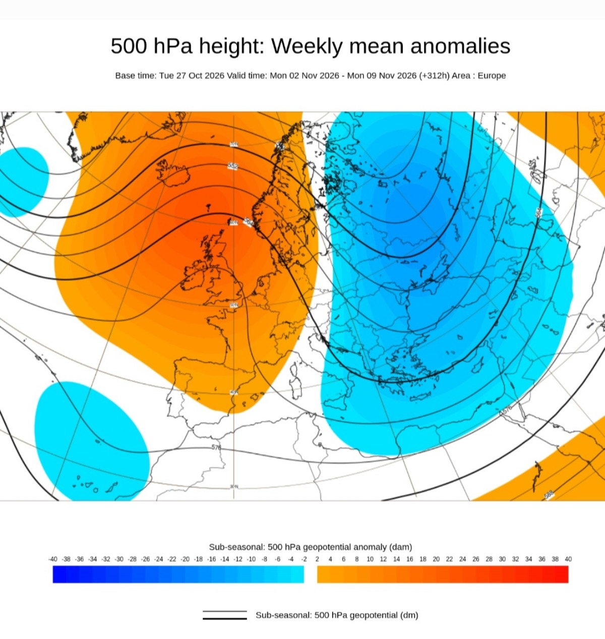Anomalie geopotenziale 500 hPa Europa ECMWF