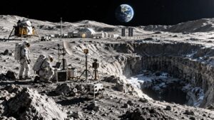 Avamposto lunare sotto la Terra crescente