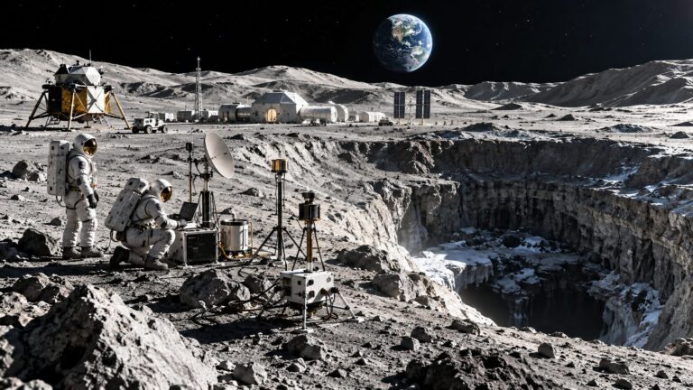 Avamposto lunare sotto la Terra crescente