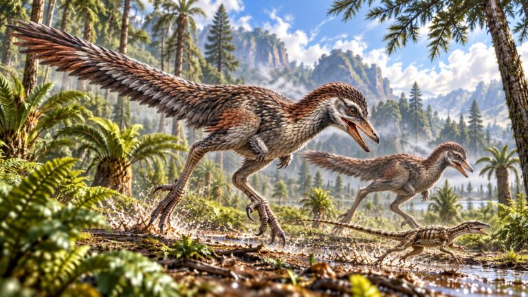 Corsa dei dinosauri nella foresta mesozoica