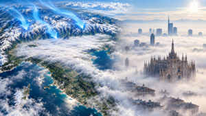 Inverno sulla Pianura Padana e Milano nella nebbia