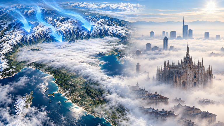 Inverno sulla Pianura Padana e Milano nella nebbia