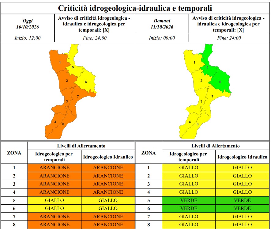 allerta meteo calabria 10-11 ottobre