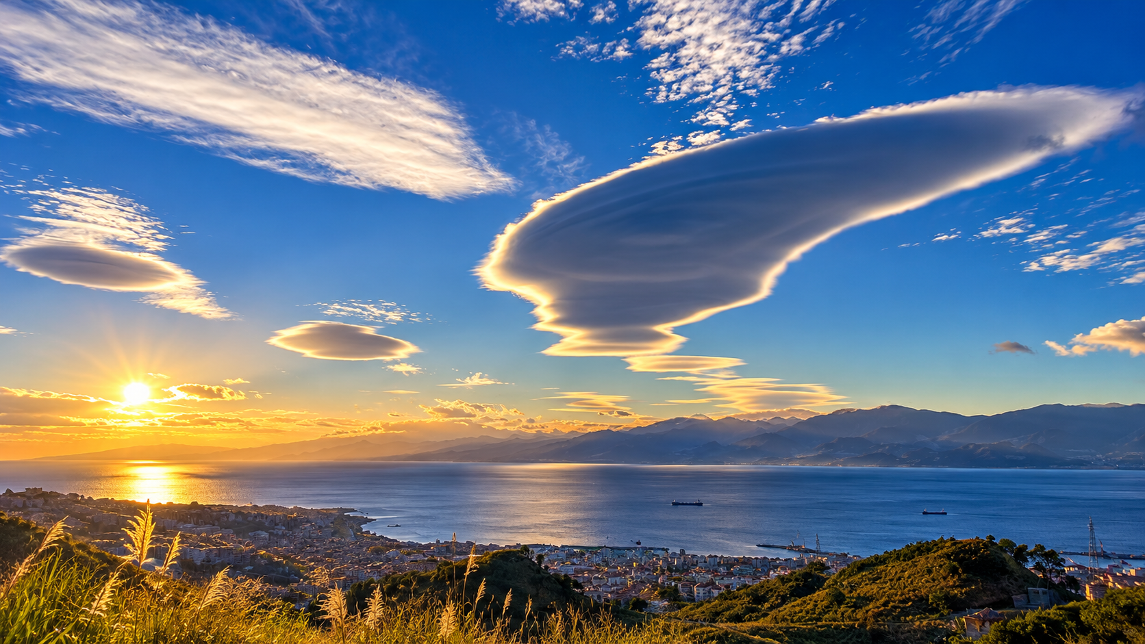 Sono arrivati gli alieni! Navicelle spaziali sospese sul mare: lo spettacolo mozzafiato delle nubi lenticolari sullo Stretto di Messina | FOTO